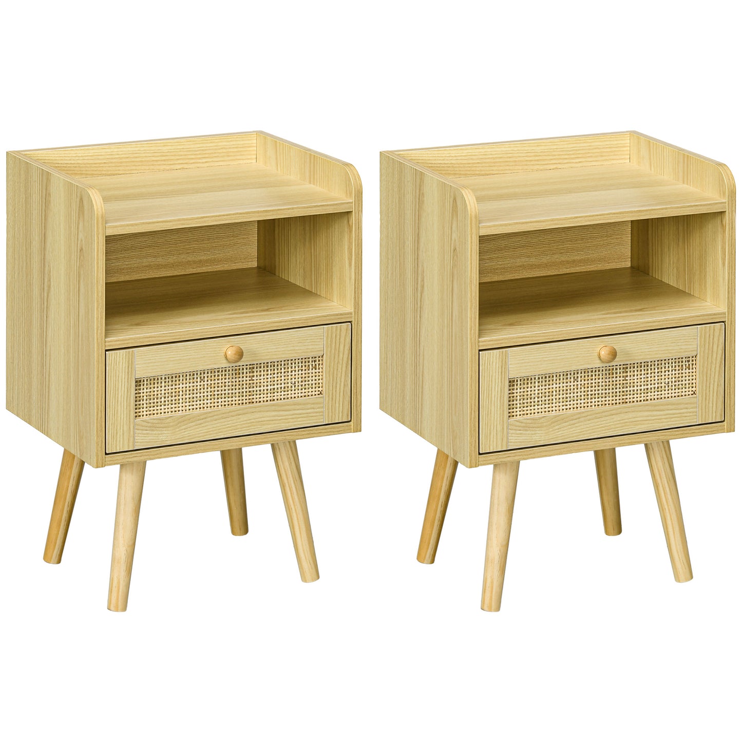 Set of Two Rattan Weave Bedside Tables - Wood Effect