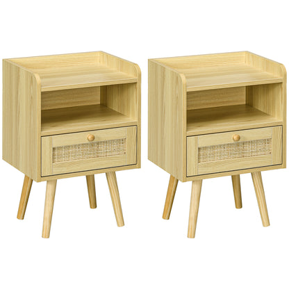 Set of Two Rattan Weave Bedside Tables - Wood Effect