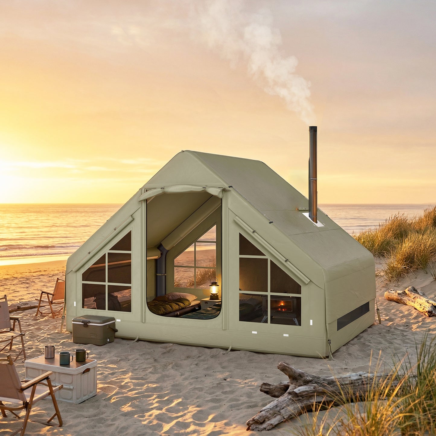 Inflatable Camping Tent with Pump and Stove Jack Hole, Luxury Inflatable Tent with Mesh Windows, Doors, Olive Green