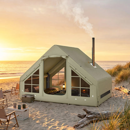 Inflatable Camping Tent with Pump and Stove Jack Hole, Luxury Inflatable Tent with Mesh Windows, Doors, Olive Green