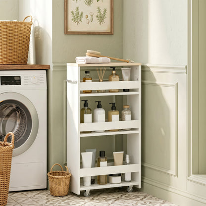 Storage Cart, 4-Tier Compact Storage Trolley on Wheels and Handle, 48W x 15D x 80H cm, White