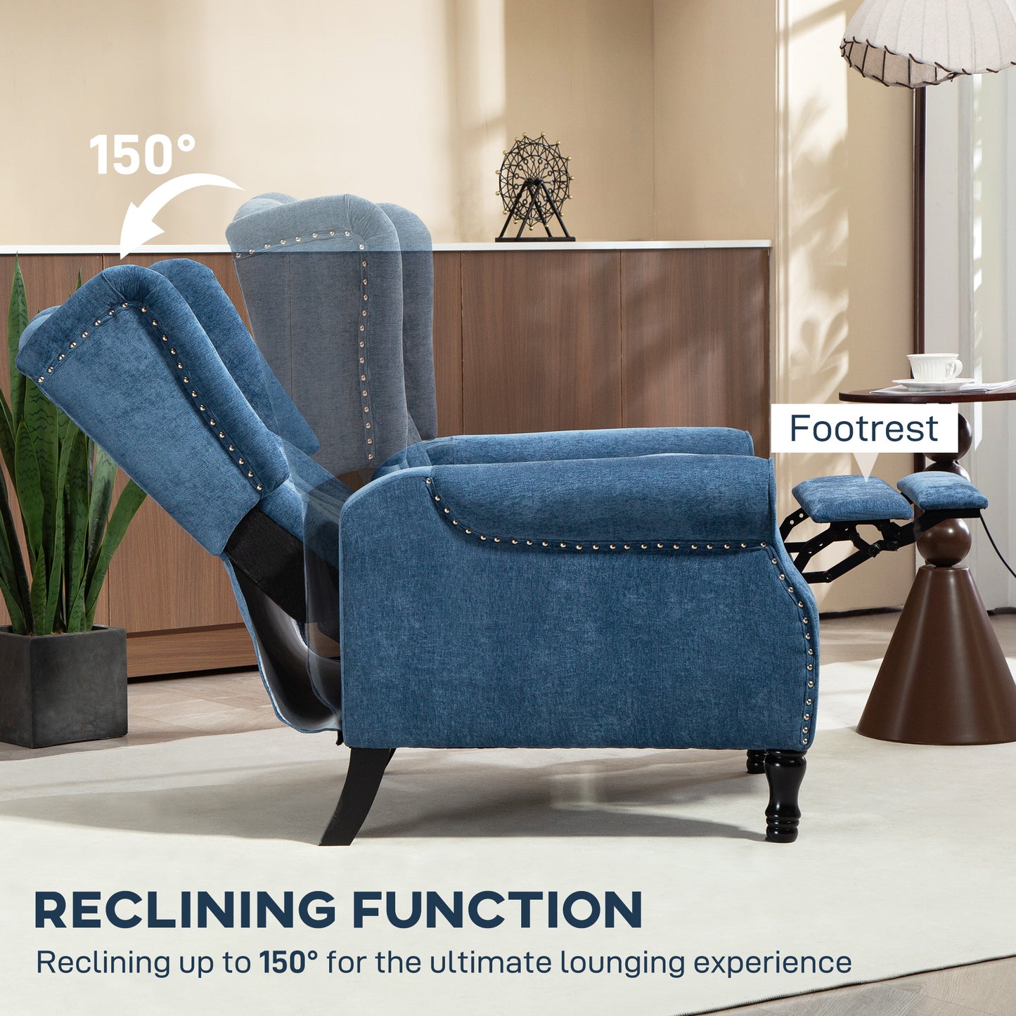 150° Reclining Vintage Armchair, with footrest, Royal Blue