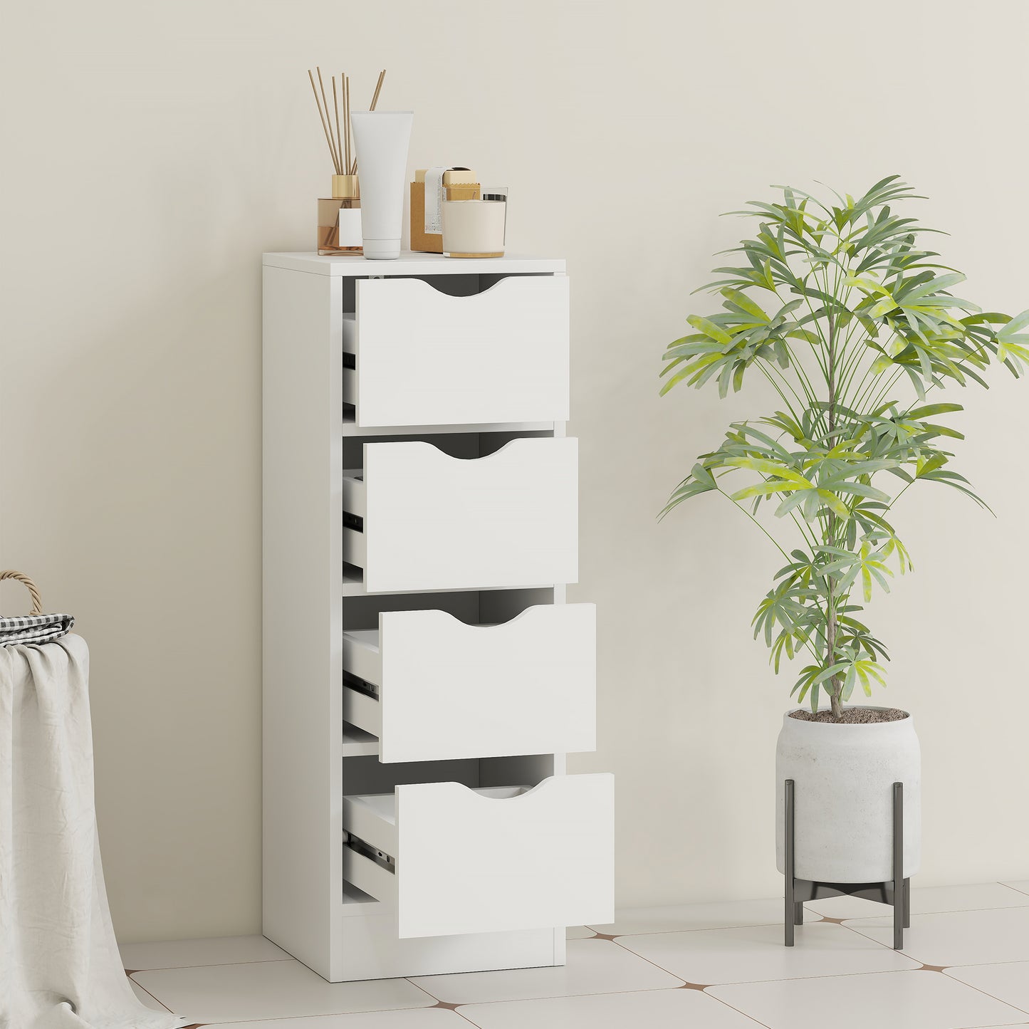 4-Drawer Bathroom Cabinet, Freestanding Narrow Storage Cabinet with Groove Handles for Small Spaces, White