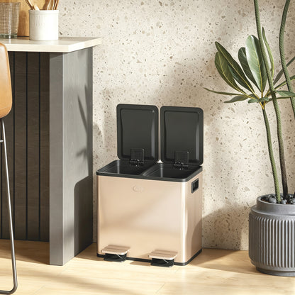 30L Dual Compartment Stainless Steel Bin, with Deodoriser Holders - Gold Tone