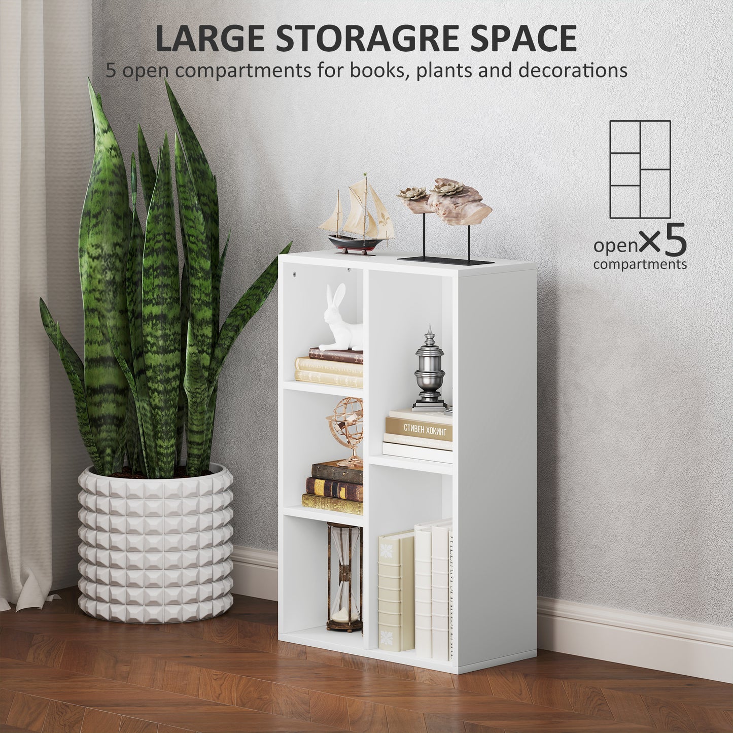 2-Tier Bookshelf with 5 Compartments - White