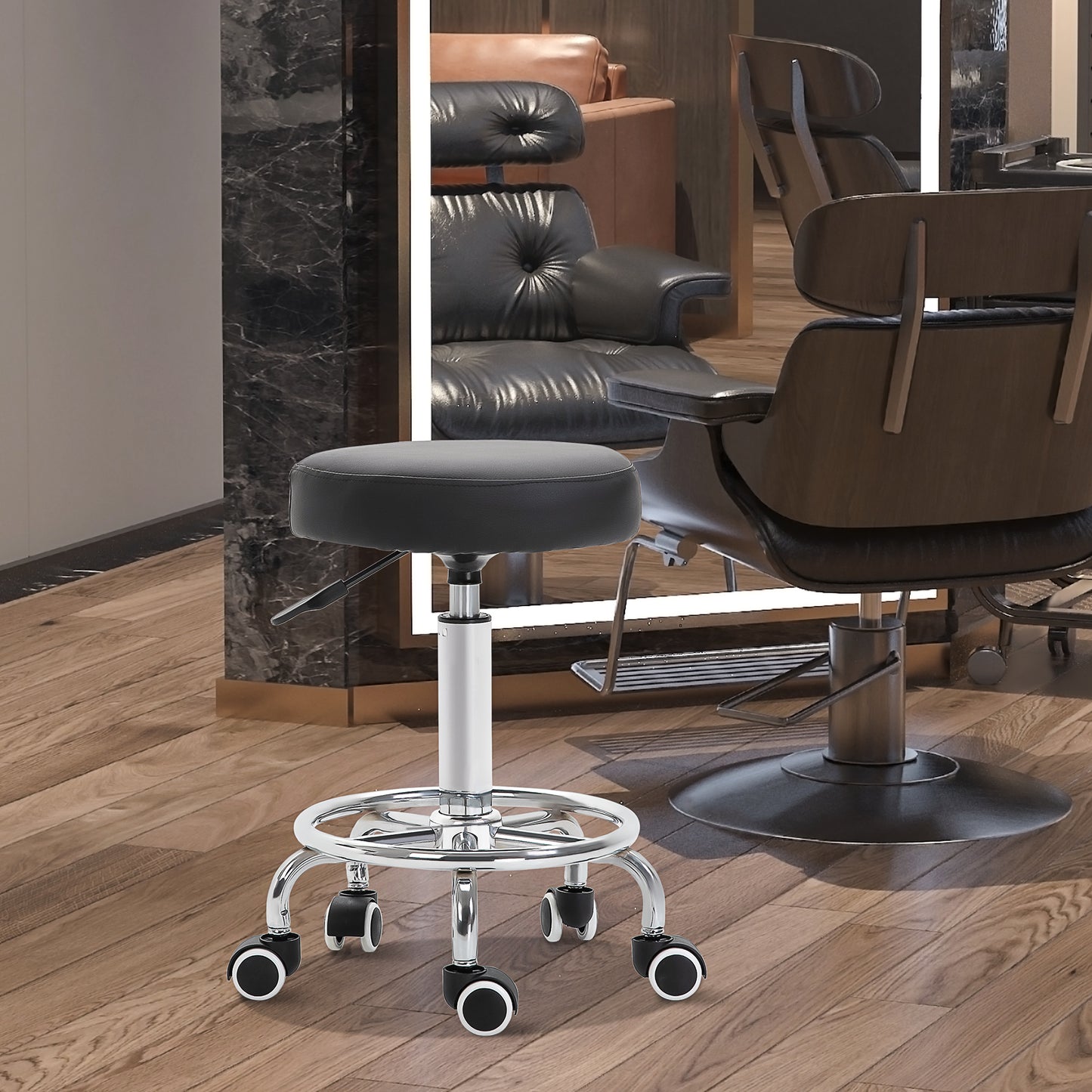 Round Rolling Stool, PU Leather Height Adjustable Stool Chair with Wheels and Swivel Seat for Salon, Massage, Spa