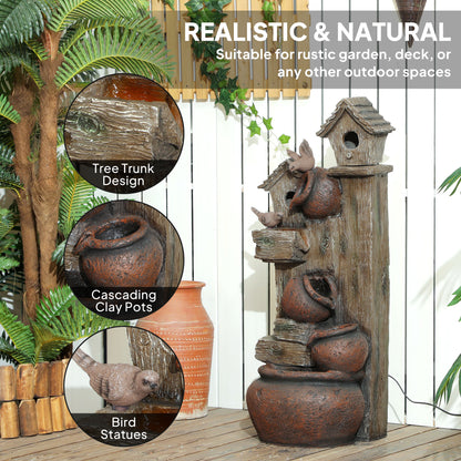 2-in-1 Waterfall Fountain with Birdhouse, Resin Garden Water Fountain with LED Lights Pump