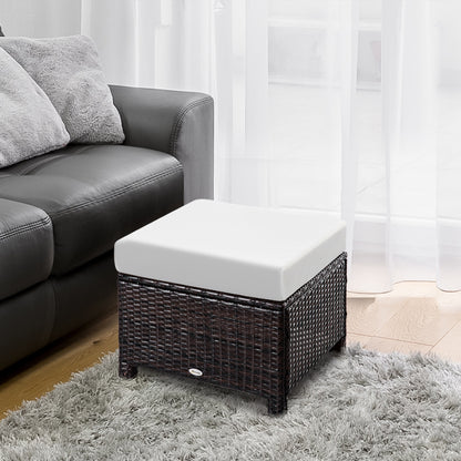 Rattan Footstool Wicker Ottoman with Padded Seat Cushion Outdoor Patio Furniture for Garden Poolside Living Room