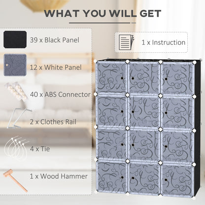 Portable Wardrobe for Bedroom, 12 Cube Closet with 2 Hanging Rails, Modular Storage Cabinet