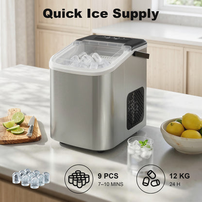 Ice Maker Machine Countertop, 9 Cubes Ready in 7 Mins, 12 KG in 24Hrs, 2 Sizes of Bullet, Self-Cleaning Ice Machine