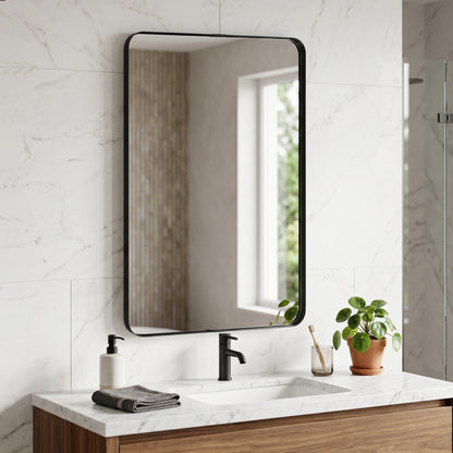 Rectangular Wall Mirror, 90 x 60 cm Wall Mounted Bathroom Mirror with Aluminium Alloy Frame and Tempered Glass, Black