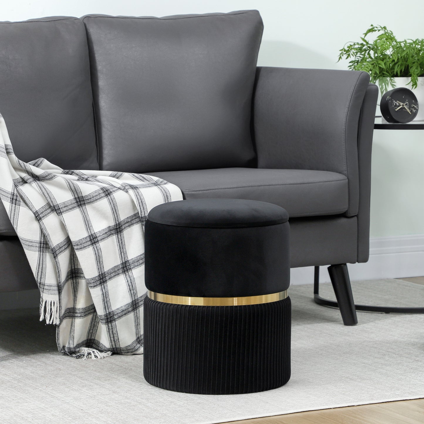 Velvet-Feel Storage Ottoman - Black