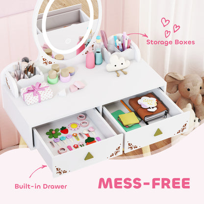 Kids Vanity Table and Chair Set with 3-Colour LED Lights Mirror, Drawer, Storage Boxes, for 3+ Years, White
