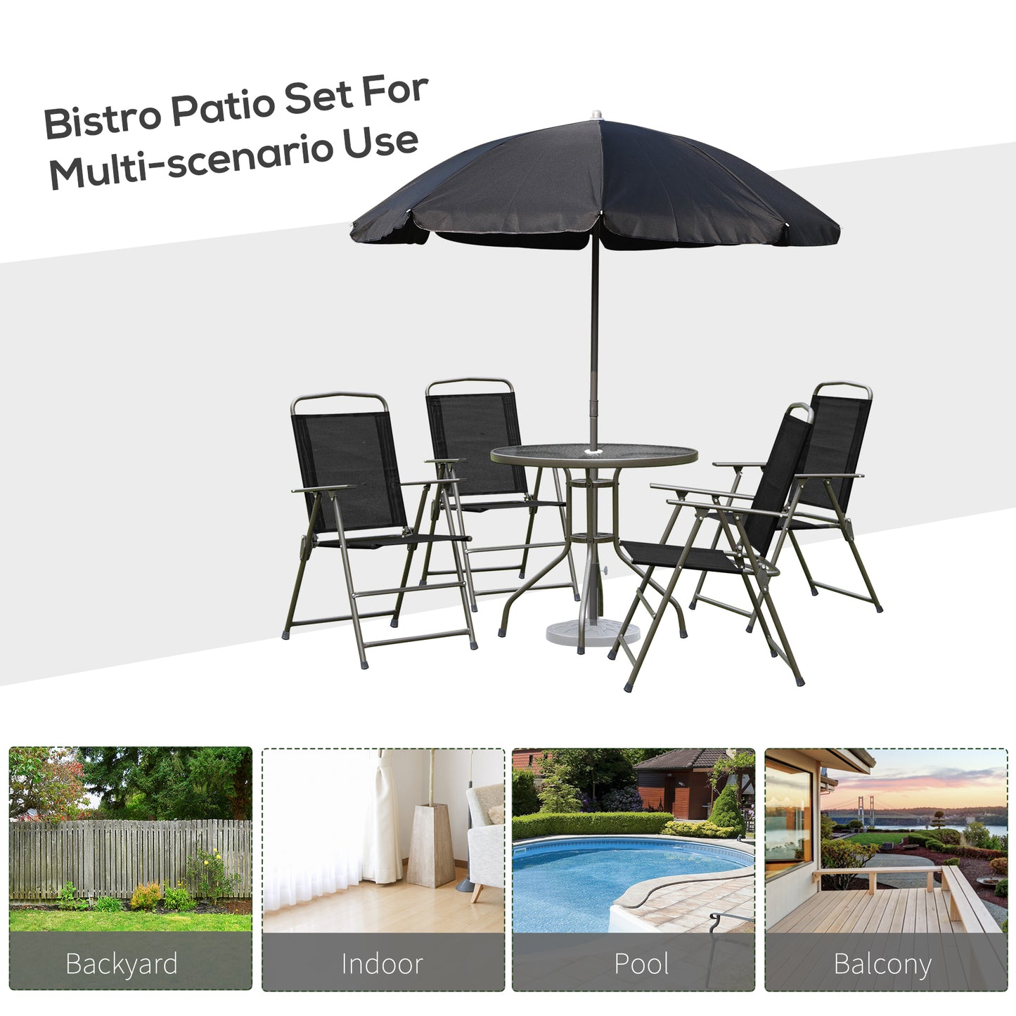 6 Piece Garden Dining Set with Umbrella, Patio Sets with Parasol with 4 Folding Dining Chairs, Black