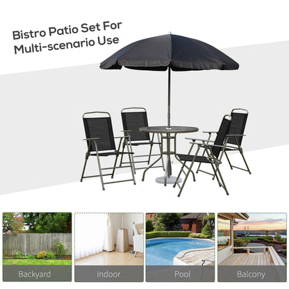 6 Piece Garden Dining Set with Umbrella, Patio Sets with Parasol with 4 Folding Dining Chairs, Black