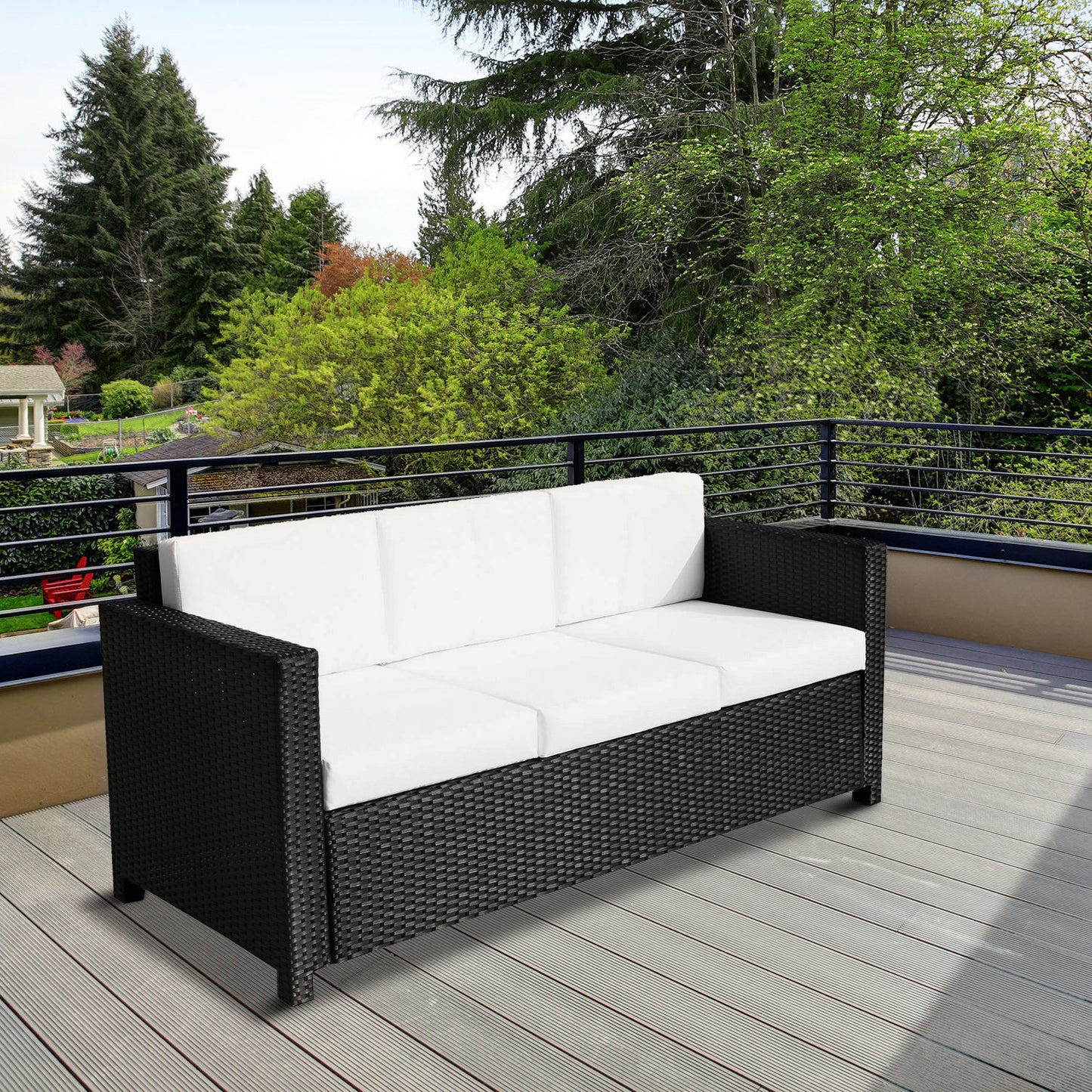 3 Seater Rattan Sofa All-Weather Wicker Weave Metal Frame Chair with Fire Resistant Cushion, Black