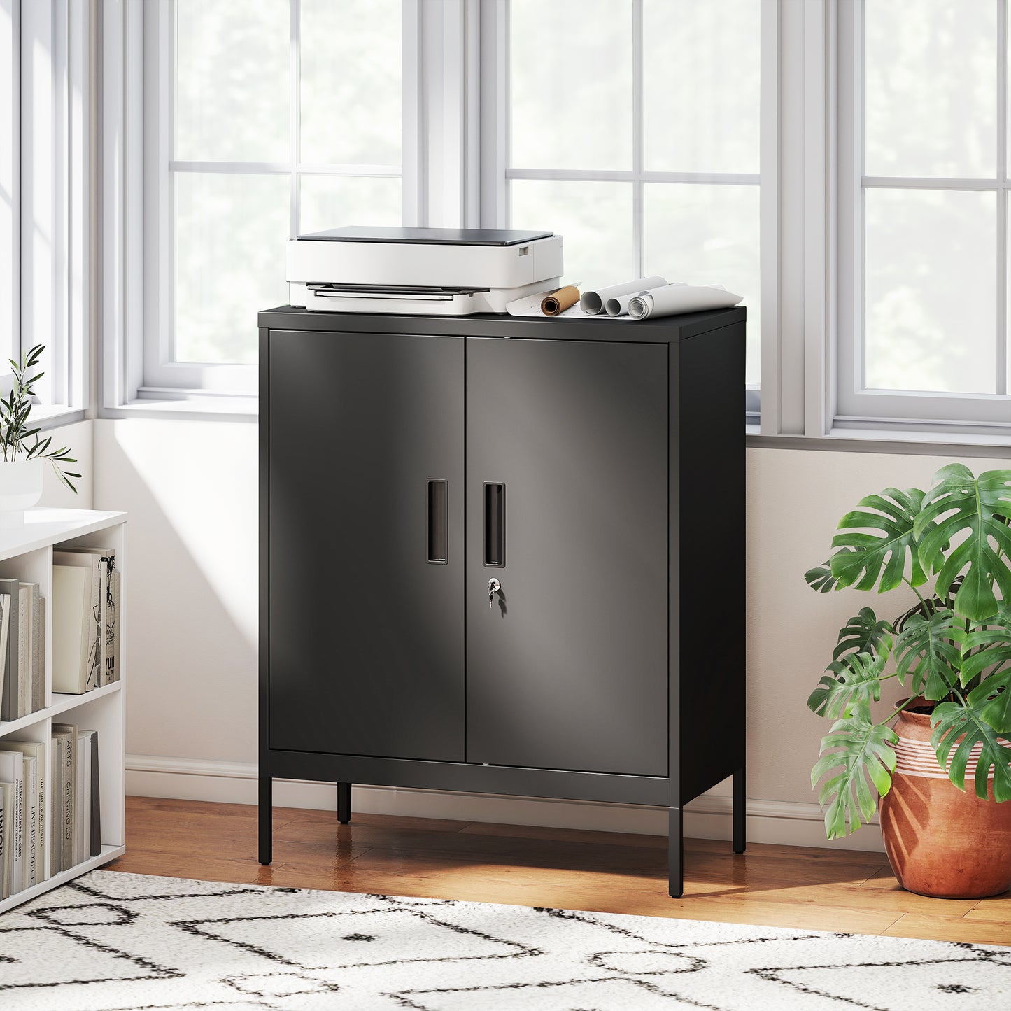Metal Storage Cabinet with Lock and Adjustable Shelves - Black