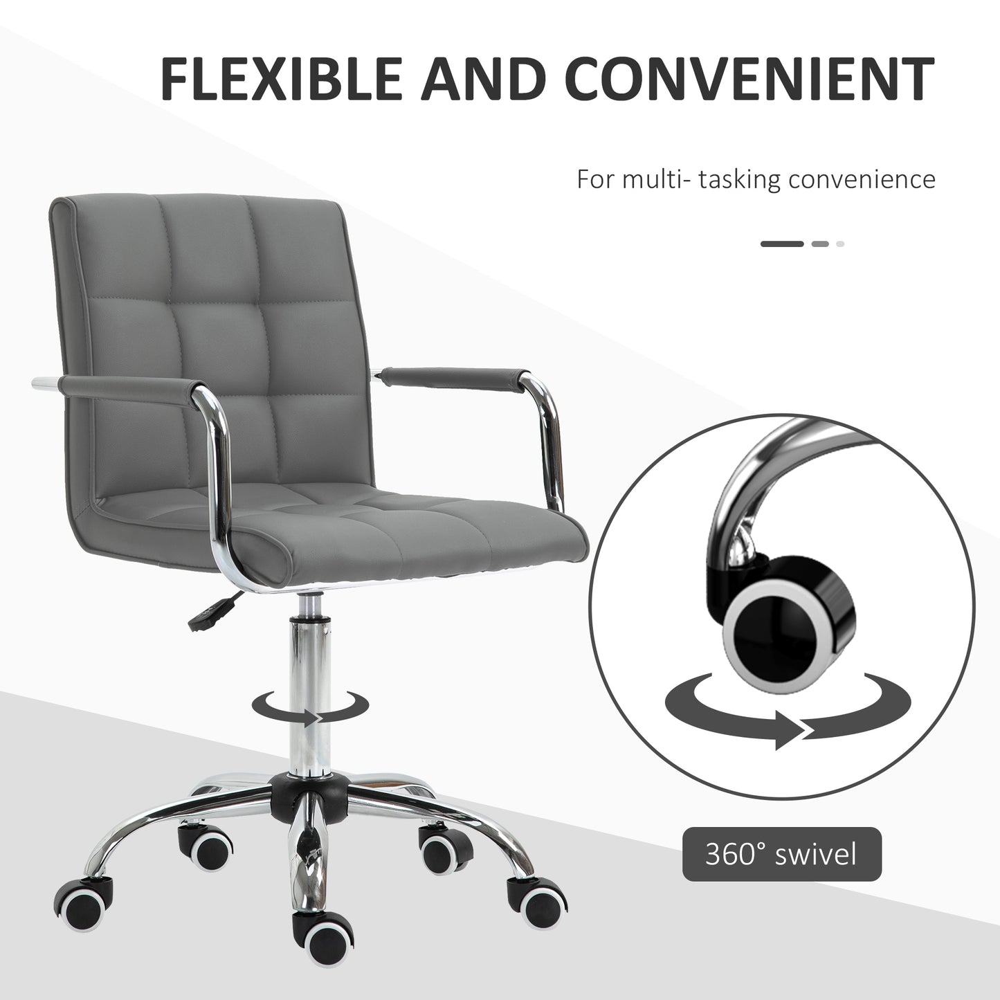 PU Leather Home Office Desk Chair, Computer Chair with Mid Back, Arm, Swivel Wheels, Adjustable Height, Grey