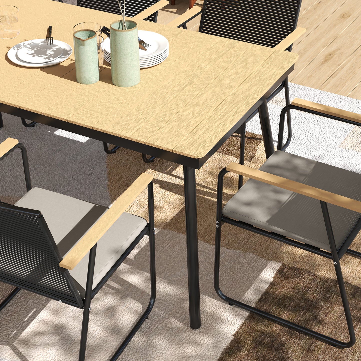 6‑Seater Garden Dining Set with Cushions, Rattan Backrest, Plastic Top, Garden Furniture Set, Natural Wood Finish