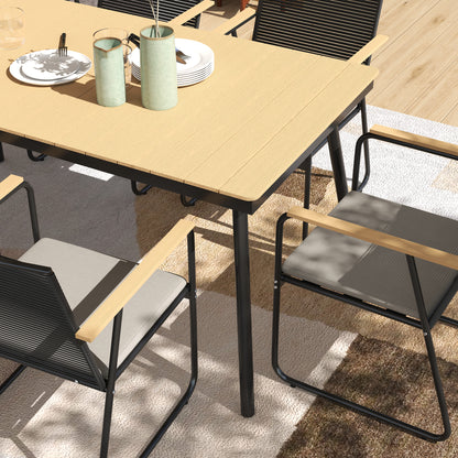 6‑Seater Garden Dining Set with Cushions, Rattan Backrest, Plastic Top, Garden Furniture Set, Natural Wood Finish
