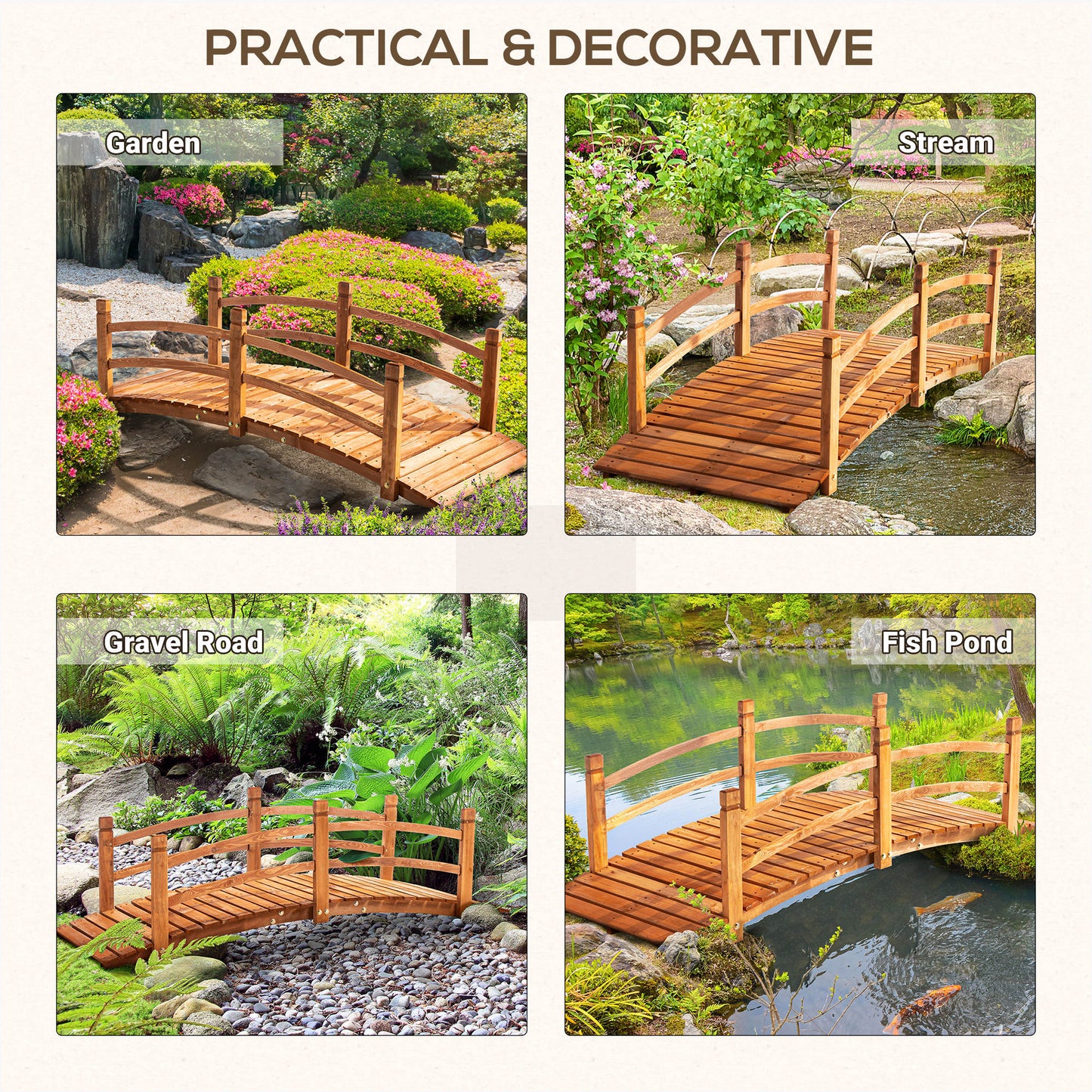 6FT Wooden Garden Bridge with Safety Railings, Classic Arc Footbridge for Stream Pond Walkway, Orange