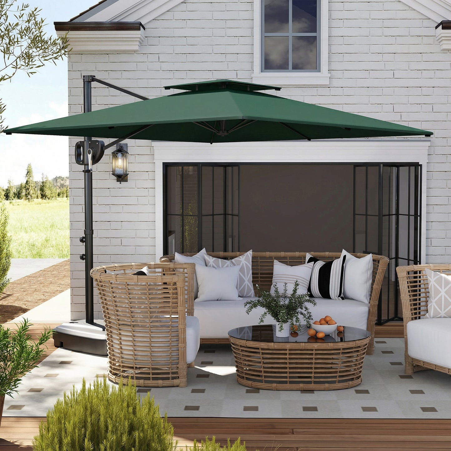 Cantilever Parasol with Weighted Base Double Top Garden Parasol Square Hanging Patio Umbrella with Crank Tilt Dark Green
