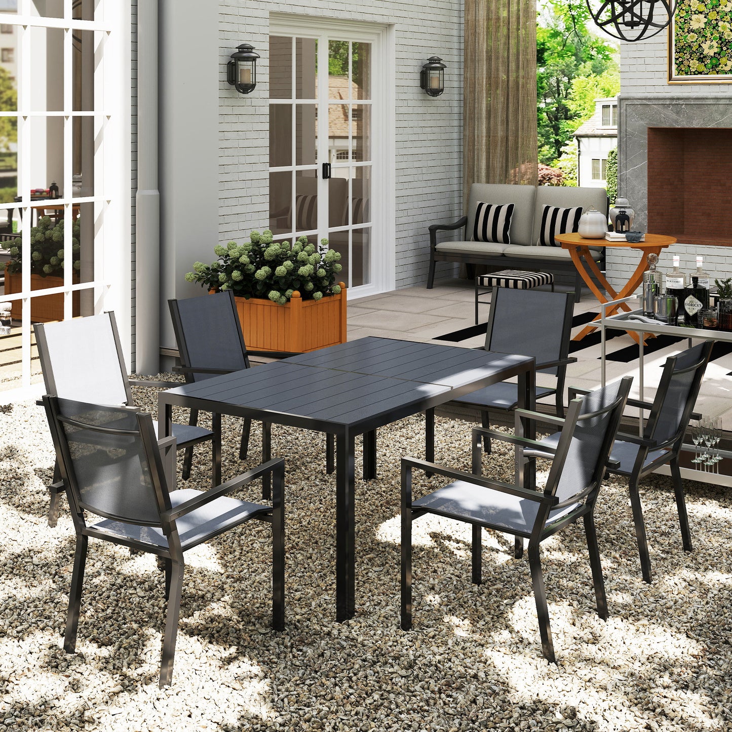 7 Piece Garden Dining Set, Outdoor Furniture Set with 6 Stackable Chairs and 150 cm Rectangle Table, WPC Slatted Top