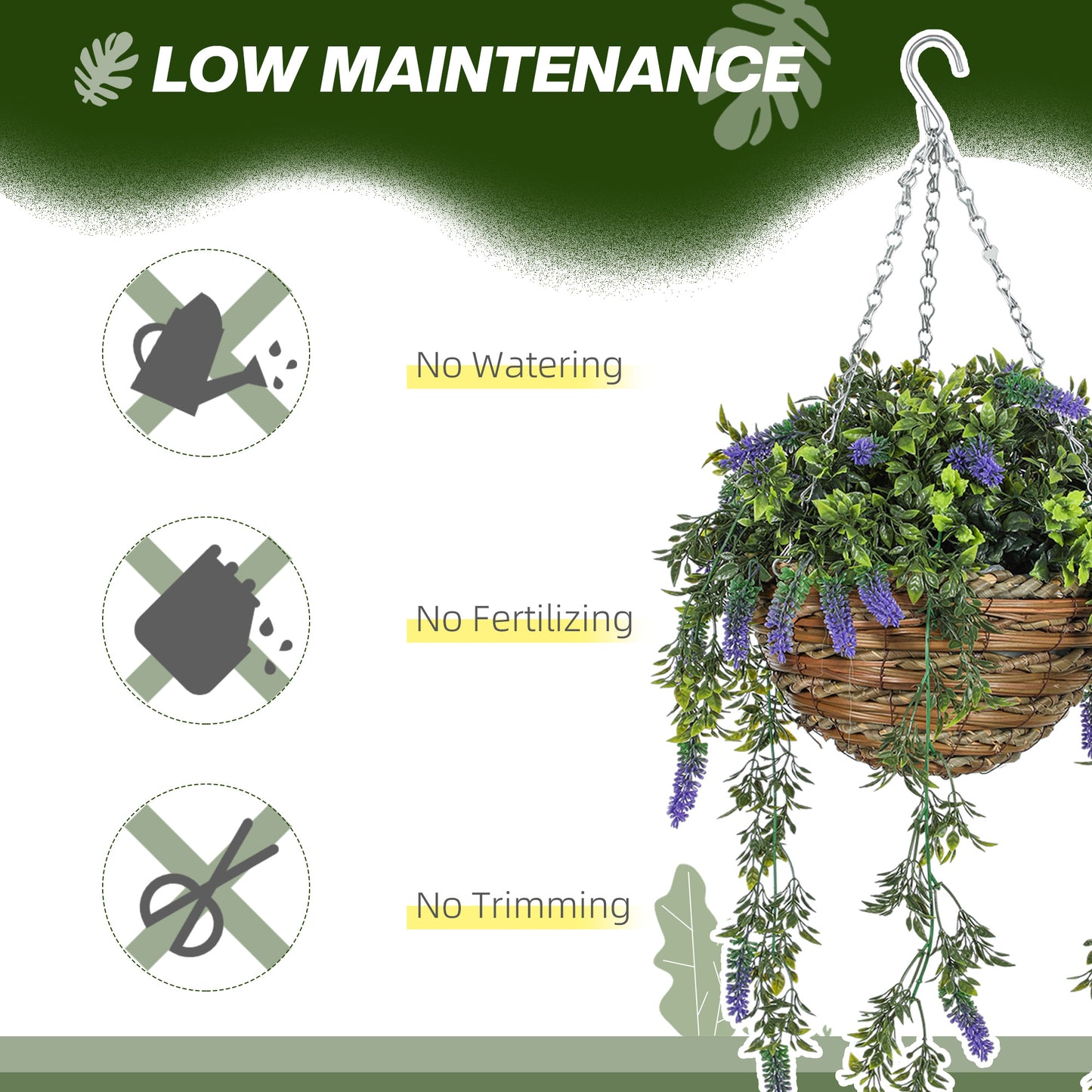 Set of 2 Decorative Artificial Plants, Faux Silk Lavender Flowers in Hanging Baskets