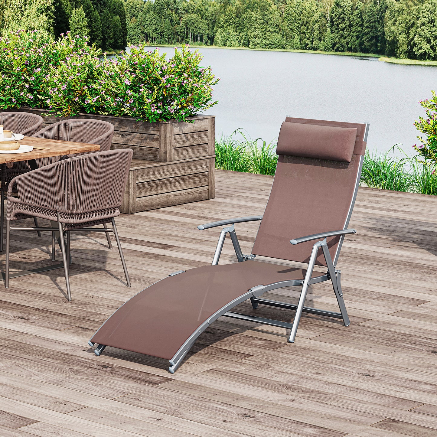 Sun Lounger Steel Frame Outdoor Folding Chaise Texteline Lounge Chair Recliner with Headrest & 7 Levels Adjustable Backrest