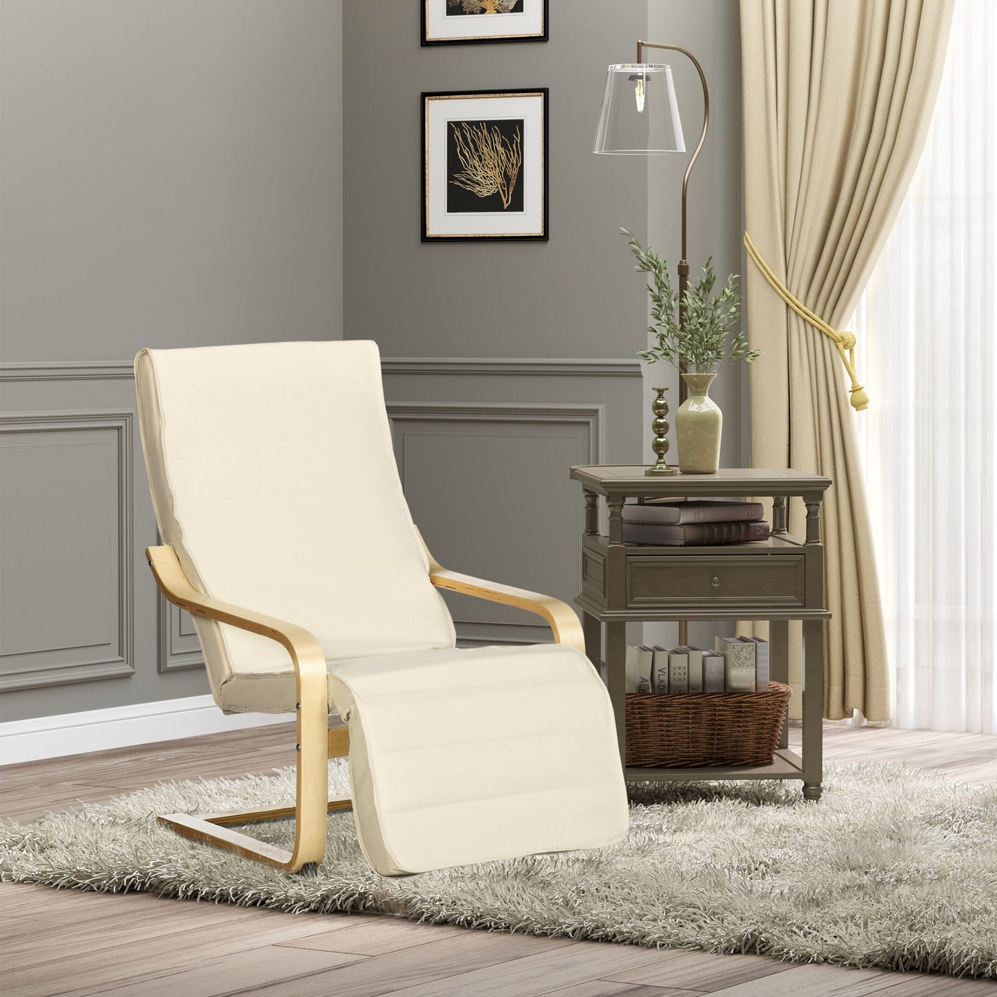 Wooden Armchair, Upholstered Linen Lounge Chair with Adjustable Footrest & Removable Cushion, Poang Chair for Living Room