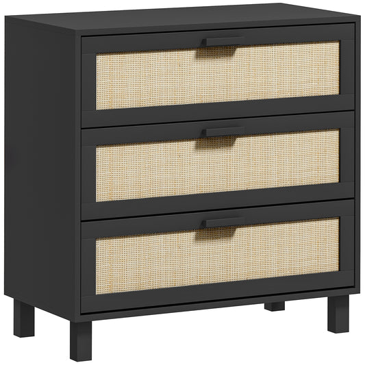 Rattan Bedroom Chest of Drawers, 3 Drawers Storage Unit, Boho Dresser for Living Room, Hallway, Black