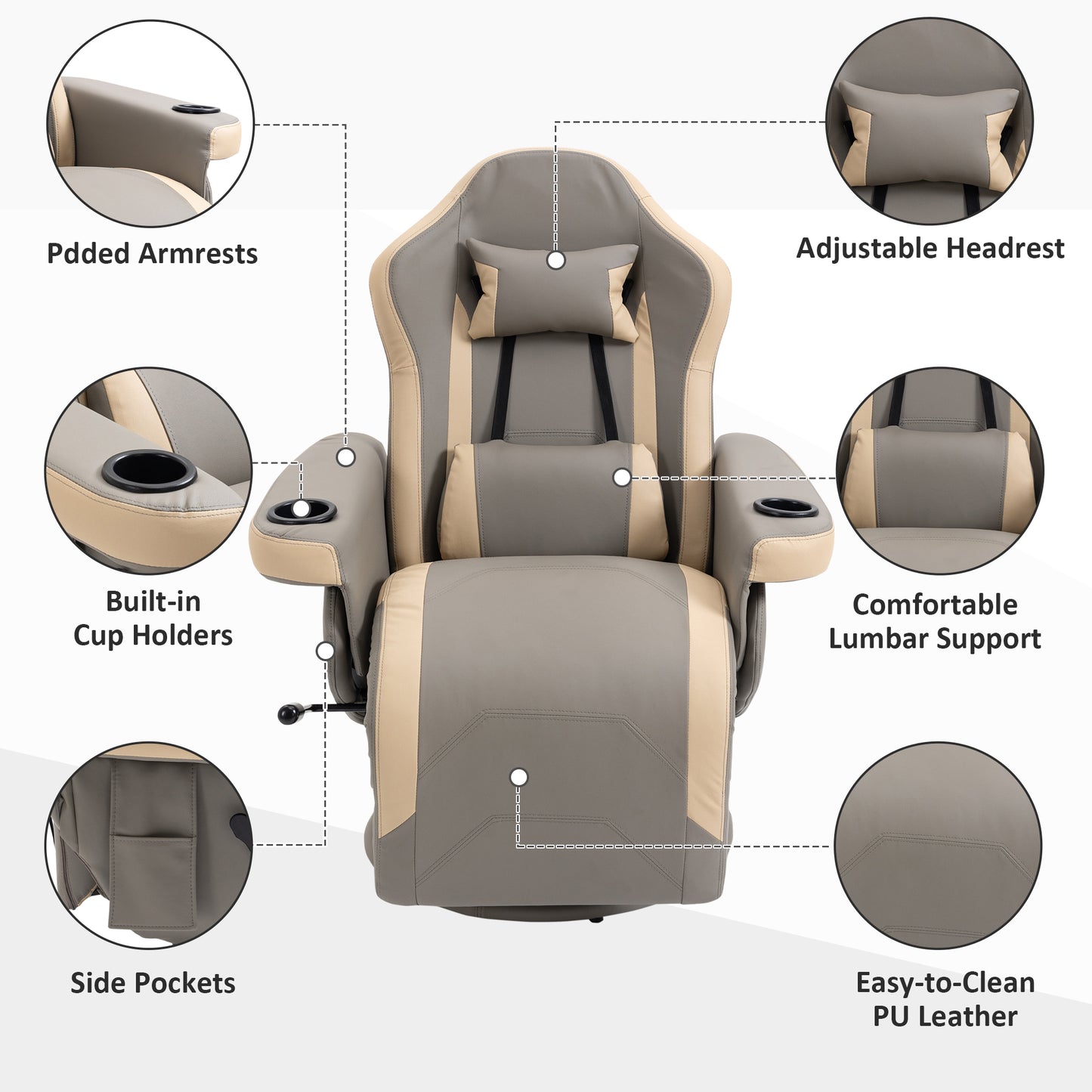 Manual Recliner Armchair PU Leather Lounge Chair w/ Adjustable Leg Rest, 135° Reclining Function, Grey