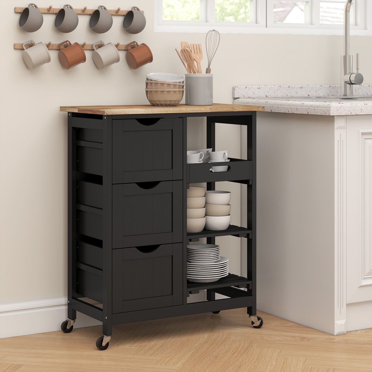 Rolling Kitchen Island Cart, Bar Serving Cart, Compact Trolley on Wheels with Wood Top