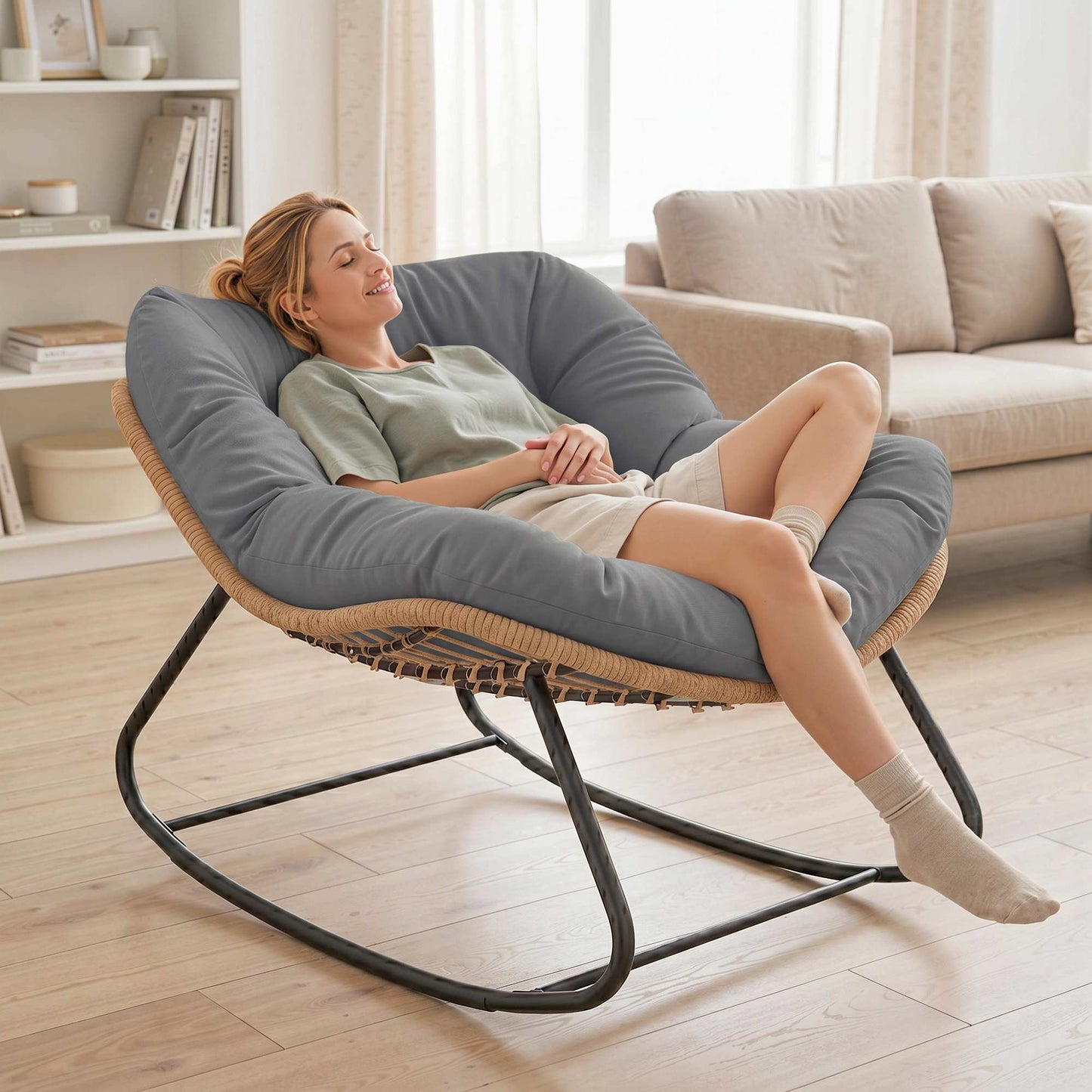 Indoor Outdoor Rocking Chair, Oversized Rocking Egg Chair with Cushion for Living Room, Garden, Patio, Grey