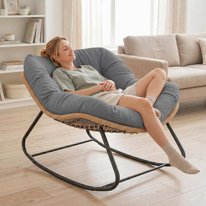 Indoor Outdoor Rocking Chair, Oversized Rocking Egg Chair with Cushion for Living Room, Garden, Patio, Grey