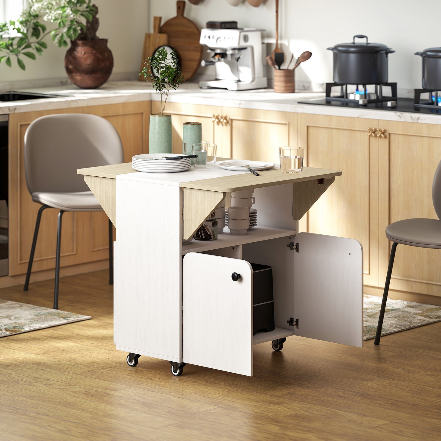Folding Dining Table, Rolling Drop Leaf Table with Hidden Shelf & Cabinet for Dining Room, Small Spaces, White