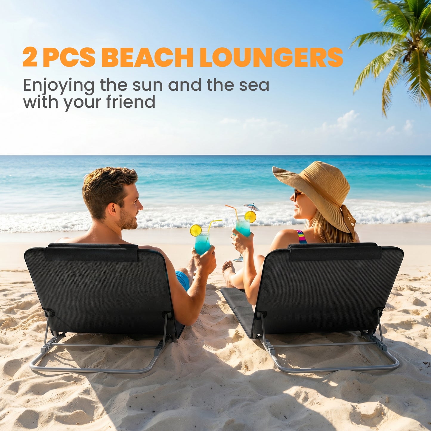 Set of 2 Foldable Garden Beach Chair Mat Lightweight Outdoor Sun Lounger Seats Adjustable Back Metal Frame PE Fabric Head Pil