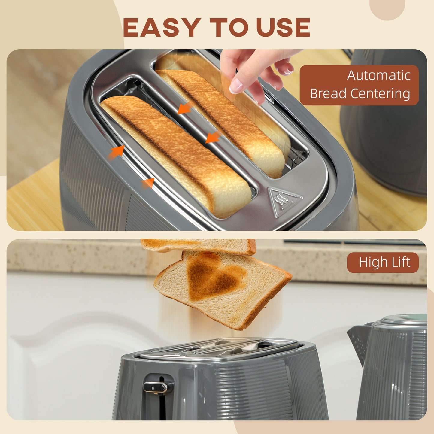 Kettle and Toaster Set, 1.7L 3000W Fast Boil Kettle & 2 Slice Toaster Kitchen Set with 7 Level Browning Controls, Defrost