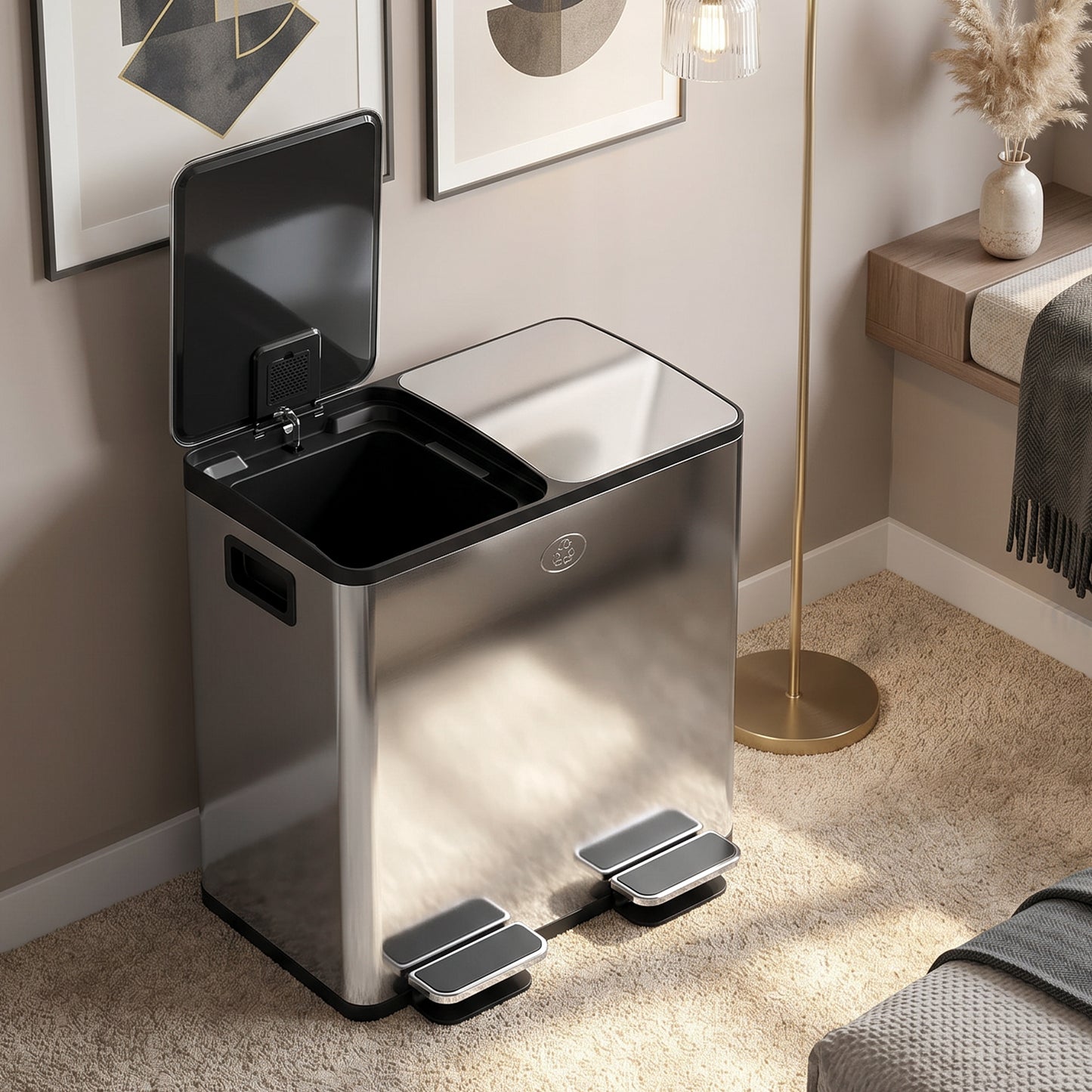 40L Dual Compartment Stainless Steel Bin, with Deodoriser Holders - Silver Tone
