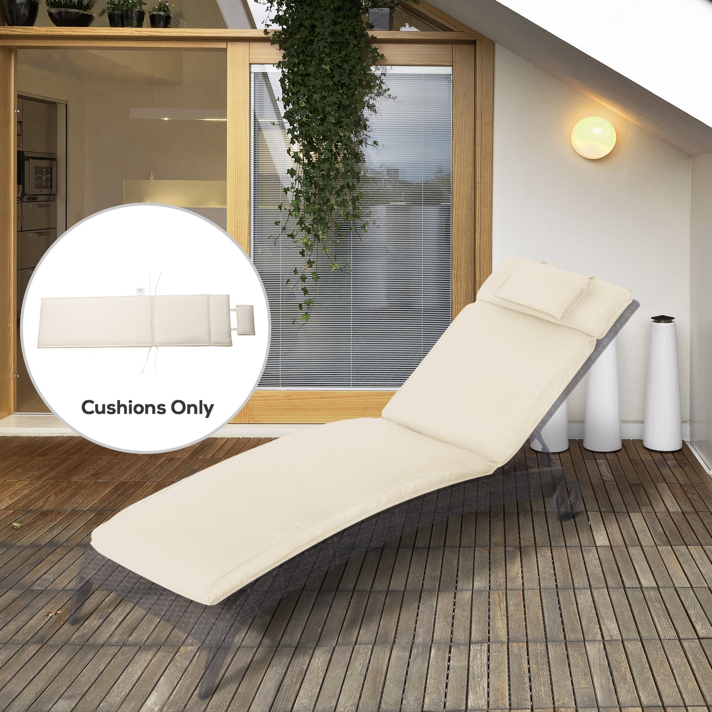 Garden Sun Lounger Cushion Replacement Soft Sunbed Reclining Chair Relaxer Pad with Pillow, Cushion ONLY - Cream White
