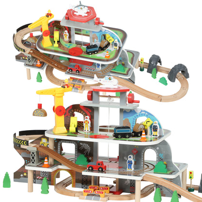 79 Piece Wooden Train Set, Kids Train Track Mine Themed with Crane, Helicopter