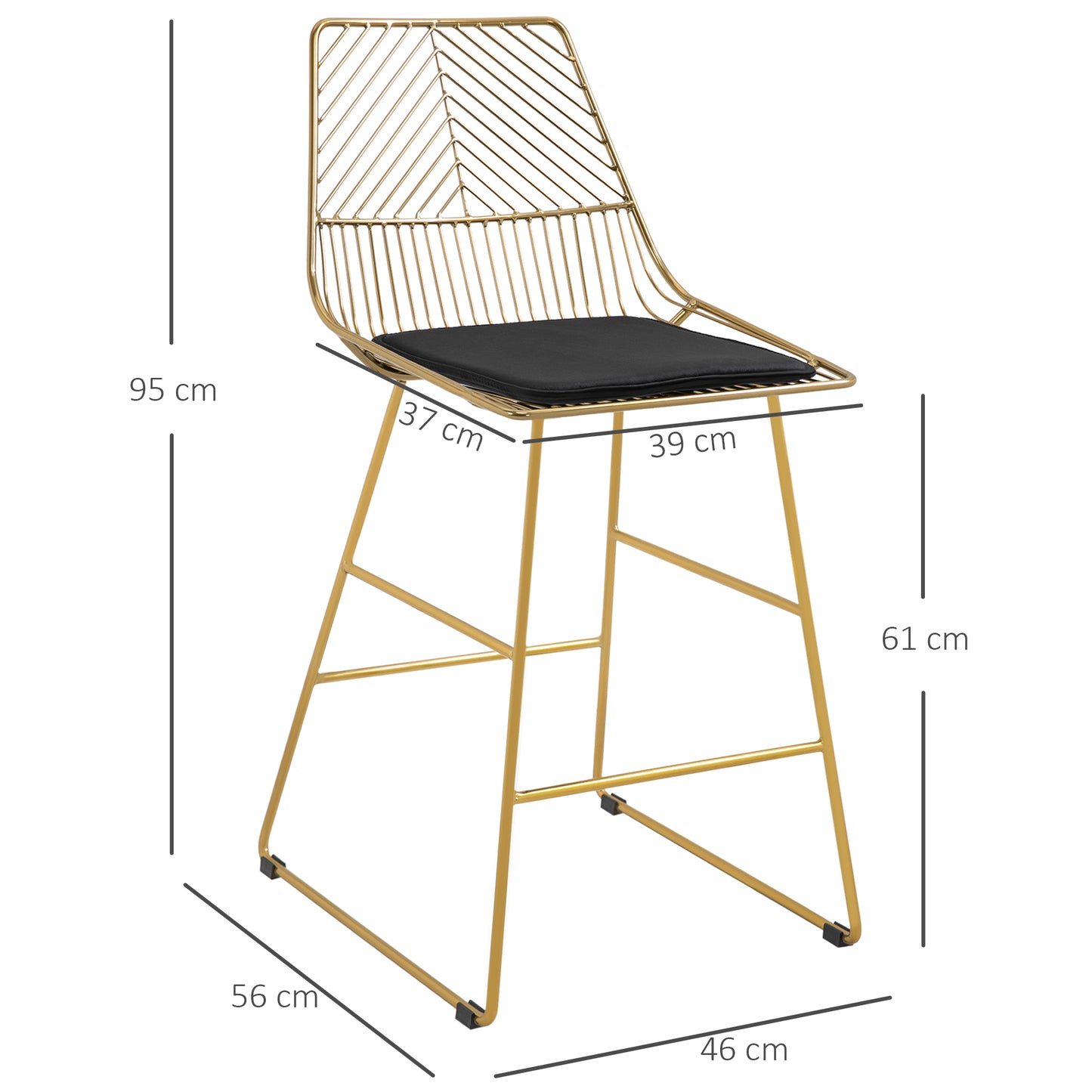 Set of 2 Bar Stools, Modern Counter Height Breakfast Bar Chairs with Wire Metal Frame for Kitchen, Dining Room, Gold
