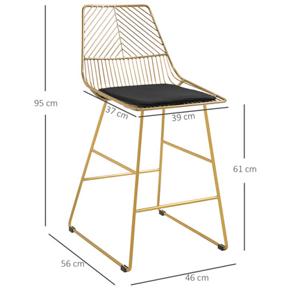 Set of 2 Bar Stools, Modern Counter Height Breakfast Bar Chairs with Wire Metal Frame for Kitchen, Dining Room, Gold