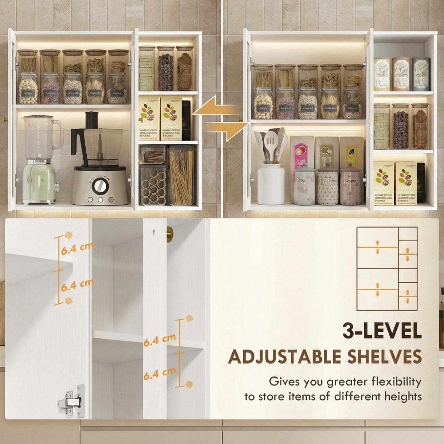 Multi-Storage Kitchen Cabinet, with Glass Doors - White Wood-Effect
