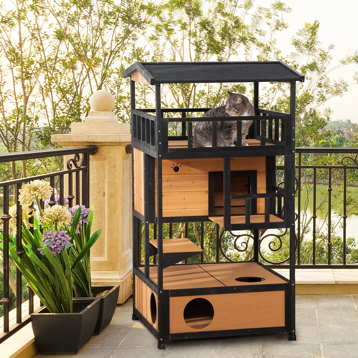 Wooden Outdoor Cat House, 3-Tier Cat Shelter with Tilted Roof, Terrace, Jump Step, Bottom Tray and Elevated Base