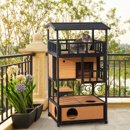 Wooden Outdoor Cat House, 3-Tier Cat Shelter with Tilted Roof, Terrace, Jump Step, Bottom Tray and Elevated Base