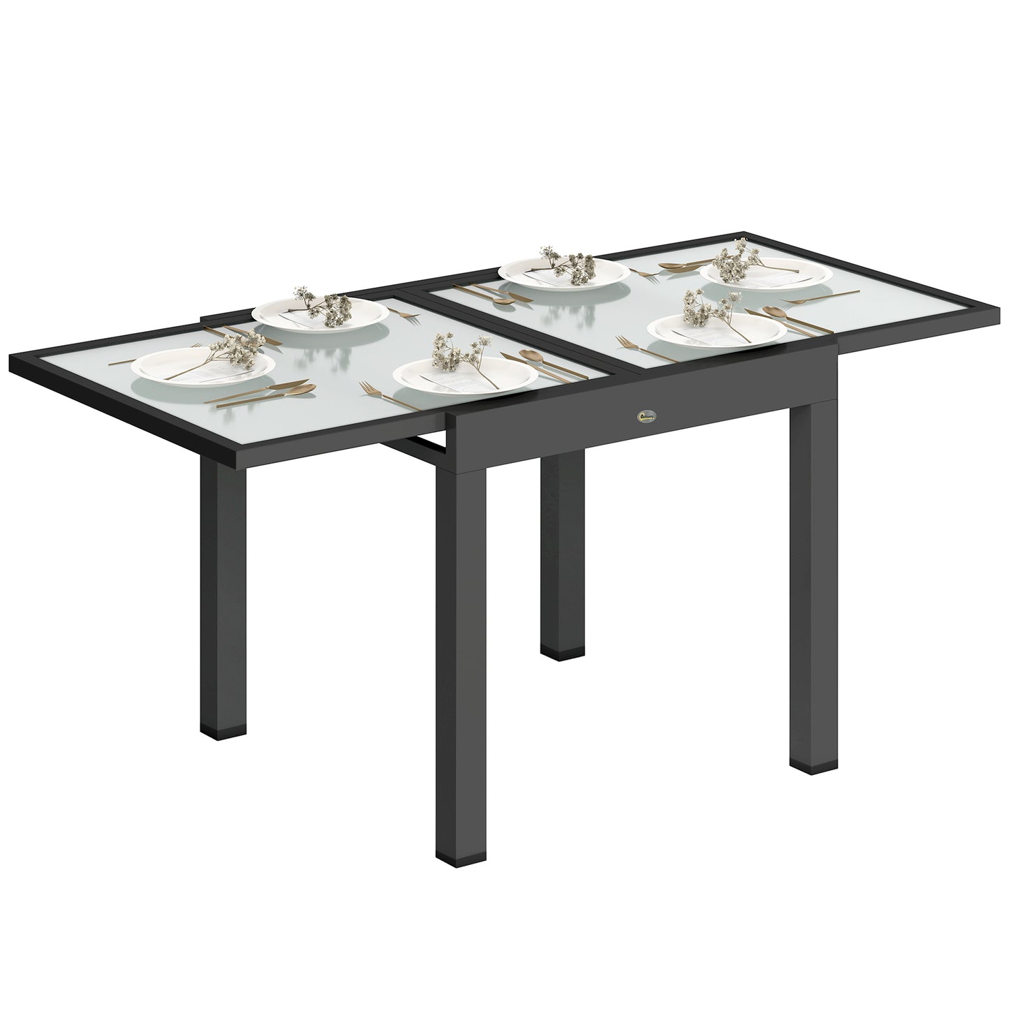 Extending Garden Table, Outdoor Dining Table with Aluminium Frame and Tempered Glass Tabletop, 80/160 x 80 x 75 cm