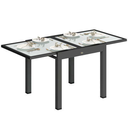 Extending Garden Table, Outdoor Dining Table with Aluminium Frame and Tempered Glass Tabletop, 80/160 x 80 x 75 cm