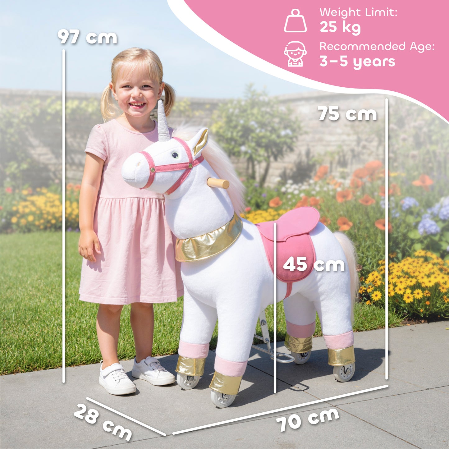 Kids Rocking Horse, Plush Walking Horse with Wheels, Ride On Unicorn Toy for Ages 3-5 Years Old, White