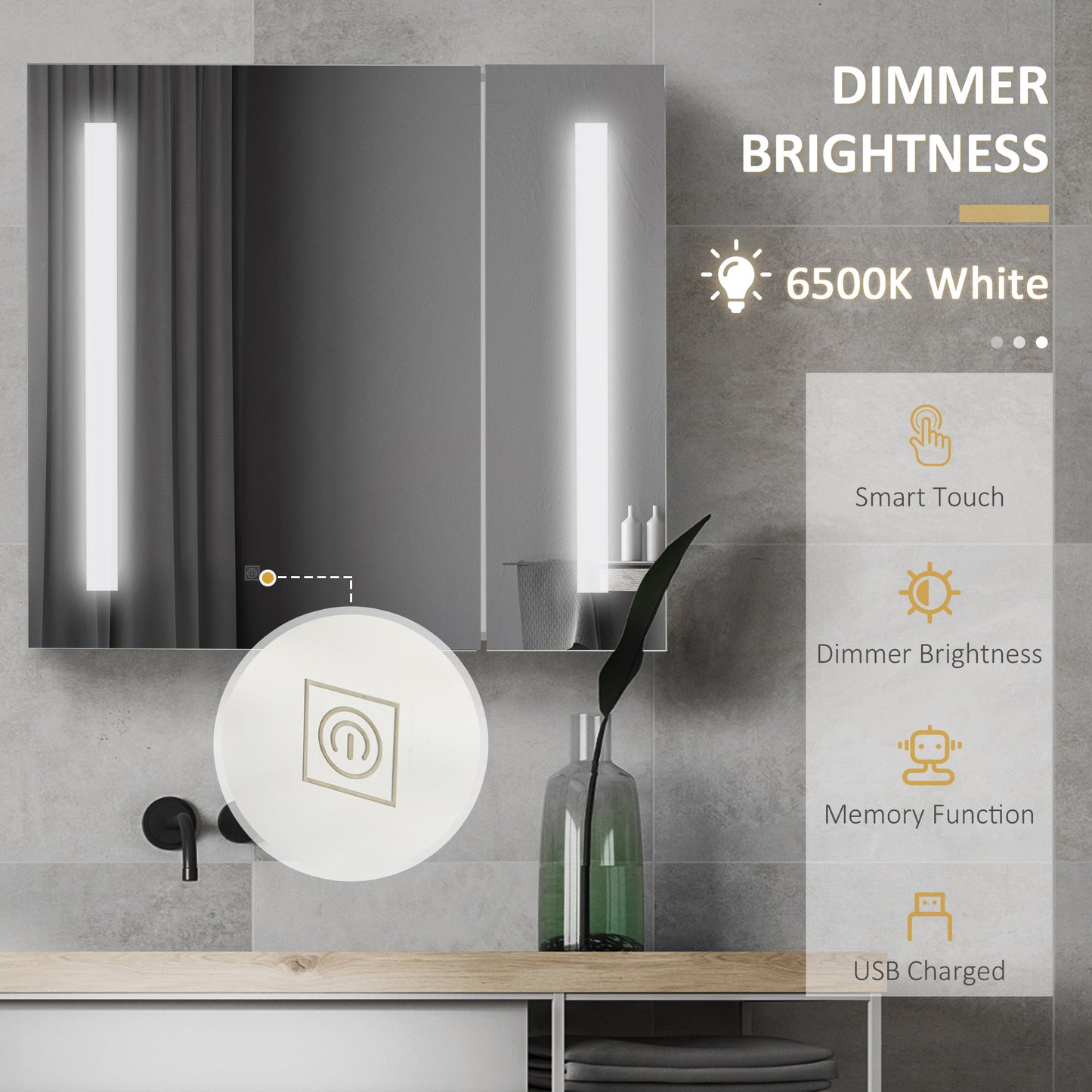 Illuminated Bathroom Mirror Cabinet 650 x 700Hmm LED Bathroom Mirror with Lights Touch Switch, Adjustable Shelf, USB Charge